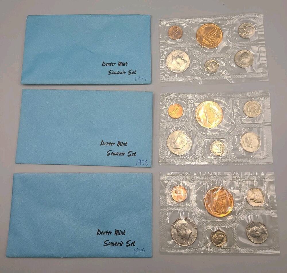 New 1977 1978 & 1979 Denver Mint souvenir 6 coin sets w/original envelopes